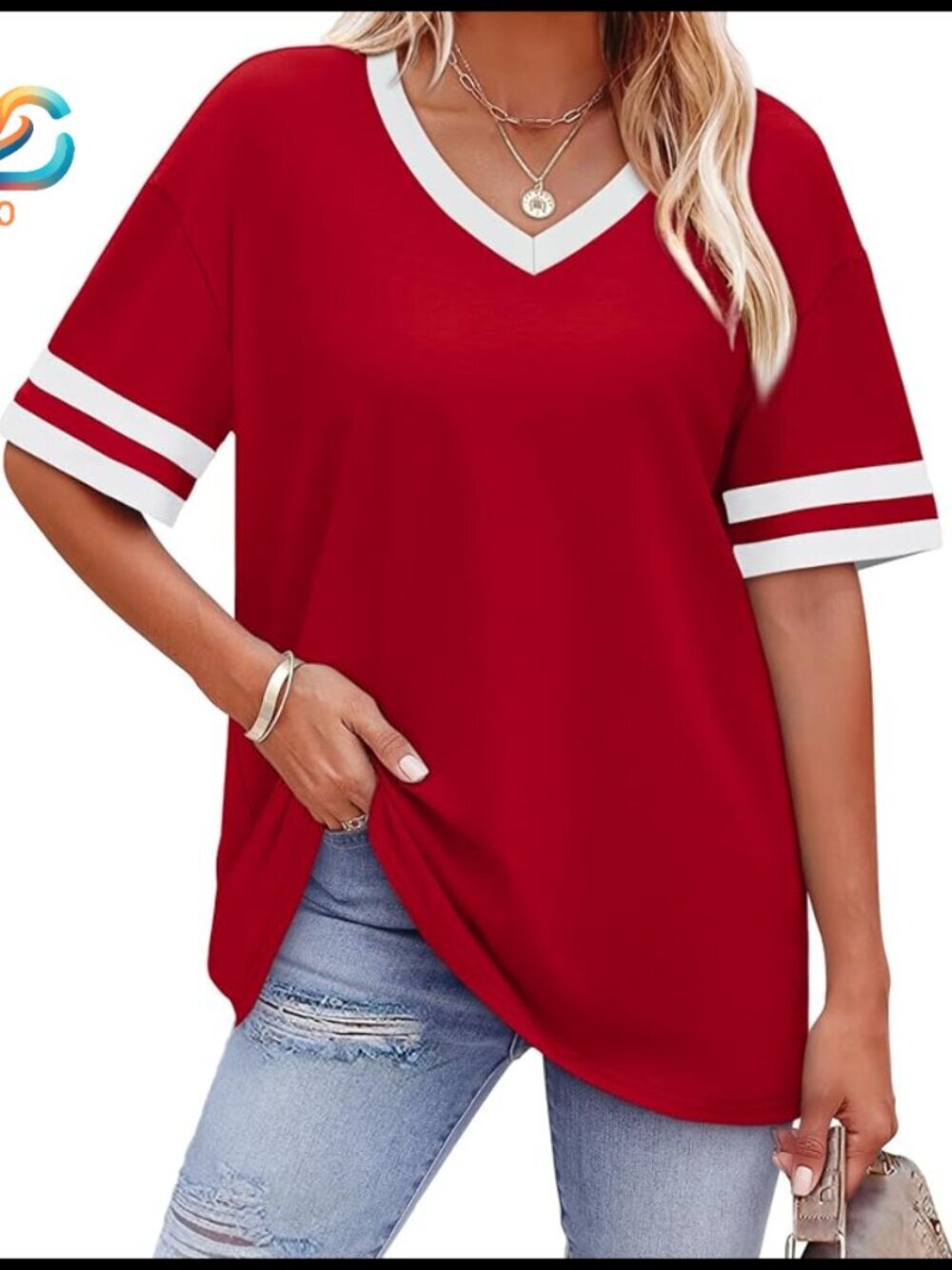 Loose Fit V-Neck T-Shirt, Short Sleeve, Color Block, Size S-3XL